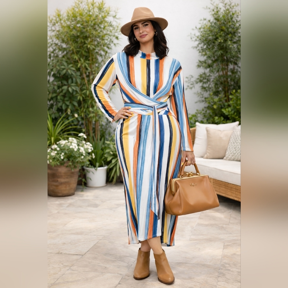New Striped Tie Waist Midi Dress